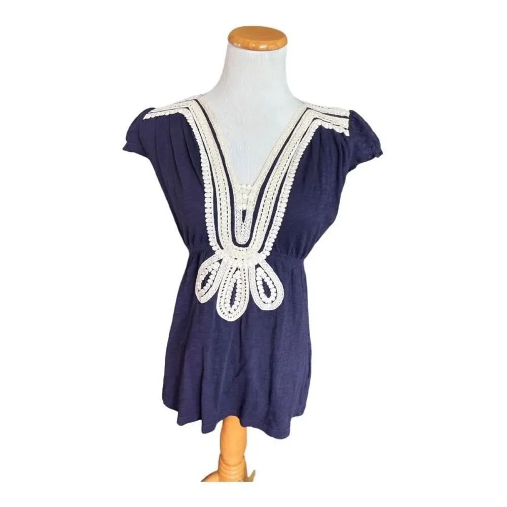 Womens Anthropologie Yoana Barashi Navy & Lace Sweetheart Top - Sz XS